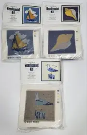 Vintage Needlepoint Kit Nautical Sailboat Conch Shell Seagull Ocean Yellow Blue