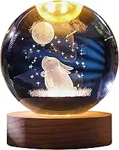 Crystal Ball Engraved Rabbit & Moon Light Lamp 2.4'' Glass Globe With Wooden Base for Women Daughter, Collectible Ornaments 3D Globe