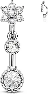 [OUFER] Dangle Belly Button Piercing 14G Surgical Steel 316L Belly Button Piercing Ring Flower 10 mm Belly Button Piercing Jewellery Clear CZ Piercing Belly Button Ring