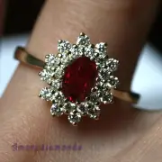 1.5 ct natural ruby & round diamond flower halo cocktail ring 18k yellow gold