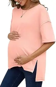 [RUBZOOF] Women's Maternity Shirts Short Sleeve Pregnancy Tops Side Split Casual T Shirts Tunic Mama Clothes, 11-light Pink, Small