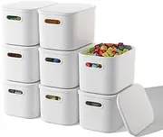 8 Pieces Plastic Storage Bins with Lids,White Storage baskets with Handle Stackable Containers Box For Shelves Drawers Desktop Playroom Classroom Office Organization