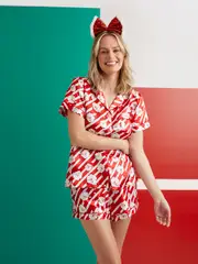 Womens Santa Stripe Satin Pj Set