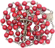 Eljjhah Catholic Ancient Bronze Color Jesus Cross Pendant Necklace Red Glass Rosary Beads Necklace for Women Religious Prayer Jewelry (Metal Color : Red)