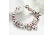 Pandora Inspired Full Set Beaded Charm Bracelet - Silver/Pink
