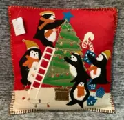 Pier 1 Imports Whimsy Penguin & Christmas Tree Pillow Red Holiday 16" x 16" NWT