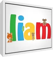 Framed Box Canvas with Solid Wooden Surround in Cute Illustrative Design, Boy's Name (64 x 44 x 3 cm, Large, Liam)