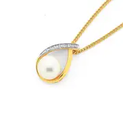 9ct Gold, Cultured Fresh Water Pearl & Diamond Loop Pendant in White