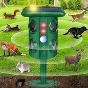 Solar Animal Repellent with Vibration, Waterproof, Motion Sensor & Flashing Light, Ultrasonic Pest Repellent for Snakes, Moles, Cats, Dogs, Squirrels, Deer, Raccoon, Coyotes - Outdoor Use