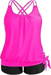 [Holipick] Women Plus Size Two Piece Tankini Swimsuit Tummy Control Bathing Suits Blouson Tankini Top with Boy Shorts, Hot Pink and Black, 28 Plus