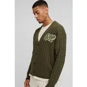 Mens Khaki Boxy Varsity Applique Knitted Cardigan