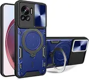 [XBS-Better] Hybrid Heavy Duty Bumper Cover with Slide Camera Lens Cover with Built-in 360° Flexible Rotate Holder Magnetic Plate Kickstand Case for Motorola Edge 30 Ultra/X30 Pro-Blue
