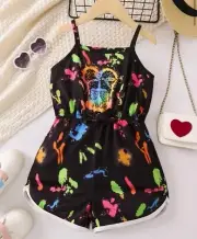 Girls Colorful Tie Dye Paint Spattered Graphic Tank Cami Sleeveless Romper SZ 5