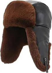 [DJG DIAL] Cowhide and Faux Fur Bomber Aviator Hat for Men, Leather Trim Winter Autumn, Cosy Thermal Fleece Lined, Trapper Hat Ear Flap