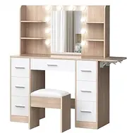 ALFORDSON Dressing Table and Stool Set with LED Mirror, Shelves and Drawers, 132cm Makeup Vanity Desk with Extendable Countertop, Wood White Color