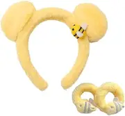 Plush Bear Ears Headband and Hair Ties, 3-Piece Spa Headband & Wristband Set, Soft Towels Washbands Elastic Plush Bear Spa Hairband, Ponytail Holders (Yellow, Pack of 1)