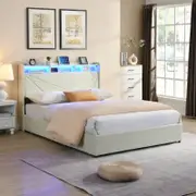 HOMFURN Double Size Upholstered Bed Frame with 4 Storage Drawers，USB Charging Station and Led Lights.