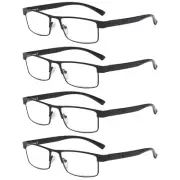 4 Pack Mens Rectangular Metal Frame Classic Reading Glasses Spring Hinge Readers