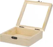 sourcing map Unfinished Wooden Display Box with Hinged Lid,4.7"x4.7"x2" Small Wood Keepsake Storage Box with Glass Lid for DIY Craft Collectibles Jewelry Gift Home Decorations,Beige