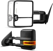 KAX Towing Mirrors fit for 2007-2013 Chevy Silverado G-MC Sierra,with Power Adjustable Heated Plane Glass,Led Arrow Turn Signal Light,Gap light,Pickup Truck Tow Mirrors Manual Telescoping Folding