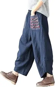 [Hwayslon] Women's Baggy Linen Wide Leg Trousers Casual Patchwork Elastic Waist Harem Pants Harlan Pants M -XXL