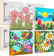 UMOART Framed Paint by Numbers - 4Packs Flowers Paint by Numbers Adults, Tulips Paint by Number Kits on Canvas, DIY Cartoon Oil Painting Acrylic Kits for Home Decor 8x8in