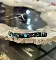 Celestial Starry Night Sky Opal And Onyx Sterling Silver Cuff Bracelet
