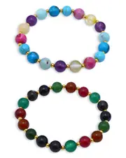 Aqua Multicolor Color Genuine Stone Beads Stretch Bracelets, Set of 2 - Exclusive