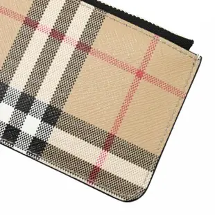 【BURBERRY 巴寶莉】英系經典格紋牛皮拼接鑰匙圈零錢包(卡其/黑)