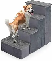 Costway 4-Step Dog Stairs, Non-Slip Foldable Dog Ramp with Adjustable Steps for High Beds Sofas, Portable Pet Climbing Ladder for Small & Medium Dogs, Storage Boxes for Puppy Toys Treats