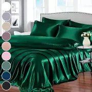 7Pcs Satin Sheets Queen Size Bed Set Satin Sheet Set, Blackish Green Bed Sheets