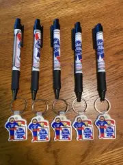 Vintage Lot of 5 New Pabst Blue Ribbon Cool Blue Man Key Ring and 5 Pens