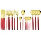 Flatware Serving Set 24 Piece, Stainless Steel Silverware Set, Red Gold Cutle...