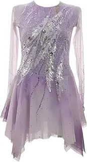 [Zagitova] Girls Ice Figure Skating Dress, Women's Crew Neck Gradient Design Skating Gymnastics Leotards for Competition