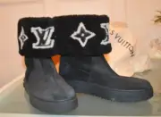 LOUIS VUITTON Snowdrop Shearling Boots Winter Logo Black Flat 41 10.5 10 New Box
