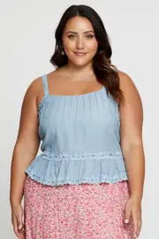 Blue Singlet Top Coral Lace Insert Pintuck
