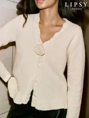 Lipsy Ivory Corsage Rose Scalloped Frill Long Sleeve Cardigan With Hook and Eye Detail (AW5937) | $102