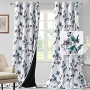 PrinceDeco 100% Blackout Curtains 2 Panels Set Cattleya Floral Printed Drapes Leah Floral Thermal Window Drapes for Bedroom Black Liner Sound Proof Curtains, Grey and Teal, W132cm x D243cm