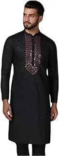 KISAH Men's Kurta, Black Cotton, Embellished Regular Fit Mandarin Collar Long Sleeves