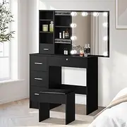 Oikiture Dressing Table with Slide Mirror and Stool Makeup Mirror Desk Vanity Mirror with Drawers Black