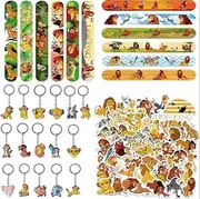 Yhjxly Lion Party Bag Set, Jungle Safari Party Accessories, 78 Pieces Lion King Party Gift, 16 Keychains, 12 Snap Bracelets, 50 Stickers for Boys Girls Party Gifts