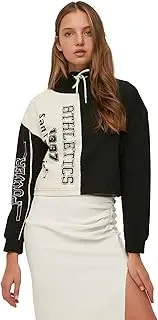 [Trendyol] Women's Black Steep Collar Printed Basic Thin Knitted Sweatshirt, Black