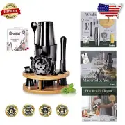 Elegant 9-Piece Black Mixology Bartender Kit with Bamboo Stand for Home Cockt...