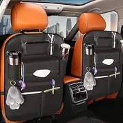Backseat Car Organiser, 2 pack Car Back seat Organizer, PU Leather Kick Mats Back Seat Protector with 6 Pockets for Bottles, Toys, Tissues, Car Travel Accessories, Road Trip Essentials for Kids
