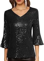 [GRACE KARIN] Women Long Sleeve Sequin Tank T Shirt Crew Neck Sparkle Glitter Blouse Top with Waist Belt