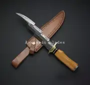 custom handmade damascus steel 15"bowie knife olive wood handle with brass clip