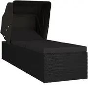 vidaXL Comfortable Sun Lounger with Canopy and Cushion, Weather-Resistant Poly Rattan Design, Adjustable Sides for Optimum Comfort, Easy Cleaning, Black.