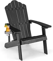 Costway Adirondack Chair, HIPS Adirondack Chair w/Cup Holder, Realistic Wood Grain, Weather Resistant Outdoor Chair for Patio, Backyard, Garden, Deck, Firepit, 170 kg Weight Capacity (Black)