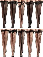 [Bencailor] 10 Pairs Silk Fishnet Thigh High Stockings Women Lace Top Sheer over Knee Stocking for Valentines Da