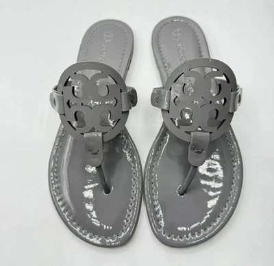 NIB Tory Burch Miller Sandals Malta Gray Patent Leather Shoes Size US 8.5